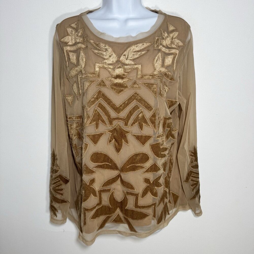 Chicos Tan Floral Leaf Velvet Burnout Mesh Long Sleeve Blouse Top Sheer Stretch